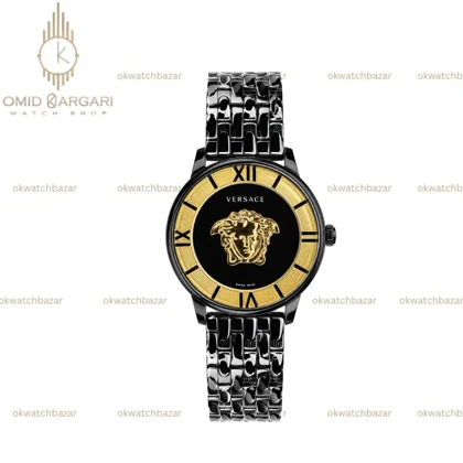 ساعت مچی ورساچه طرحدار بند مشکی صفحه مشکی طلایی Versace