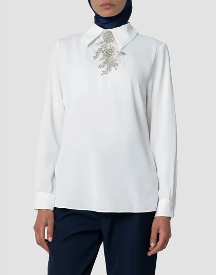 حریر ابریشم یقه دار پیش کریستال