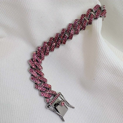 دستبند چین فول نگین صورتی | قفل کتابی