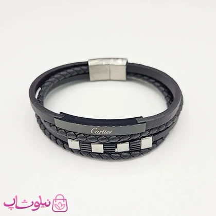 دستبند مردانه چرمی کارتیه مشکی نقره ای کیفیت مستر کد 1150