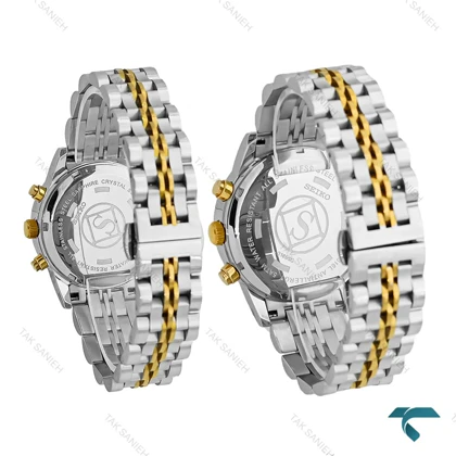 ساعت ست سیکو Vip سه موتوره دورنگ طلایی صفحه مشکی Seiko-8740-S