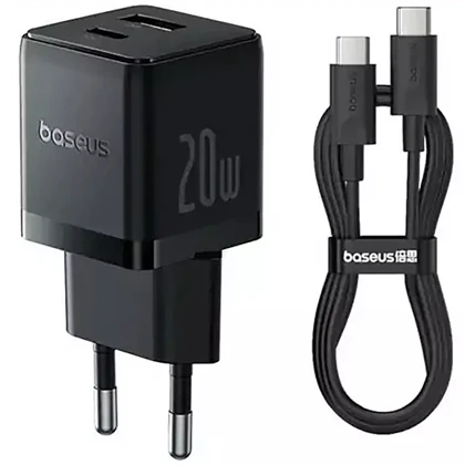 شارژر دیواری 20 وات فست شارژ Type-C و USB بیسوس با کابل دو سر تایپ سی CCZC20UE