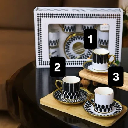 ست قهوه خوری 6نفره سیاه و سفید طرحدار دسته طلایی