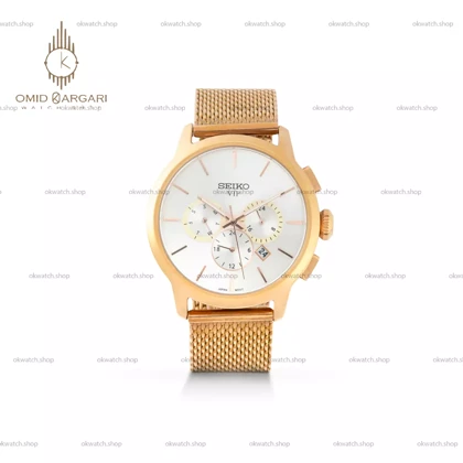 ساعت مچی سیکو فول دیت بند حصیری رزگلد صفحه سفید Seiko