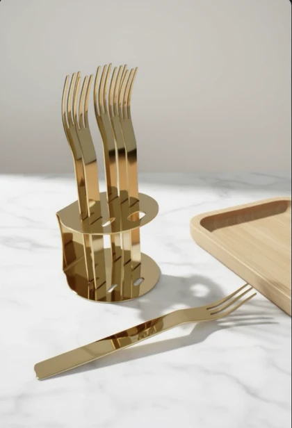 چنگال دسر خوری 6 عددی استند دار طلایی