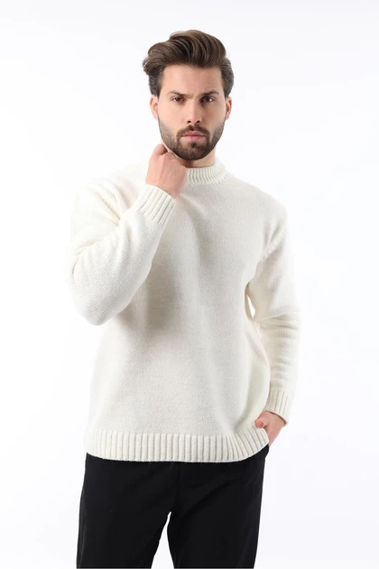 ژاکت بافتنی مردانه Ecru Crew Neck Overfit E7402