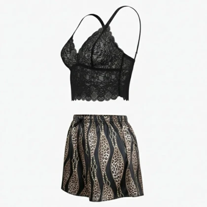 لباس خواب زنانه مدل گیپور و ساتن پلنگی 104