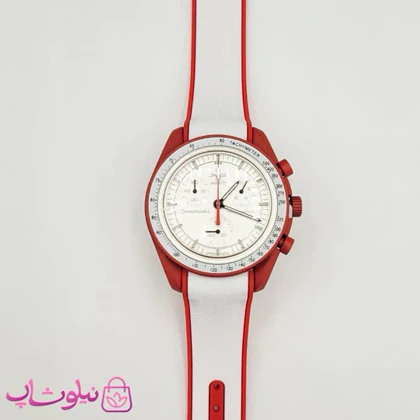 ساعت امگا سواچ moonswatch با بند رابر زنانه مردانه رنگ سفید قرمز کیفیت مستر کد 3750
