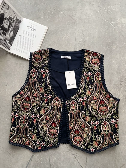 وست لینن گلدوزی سرمه ای