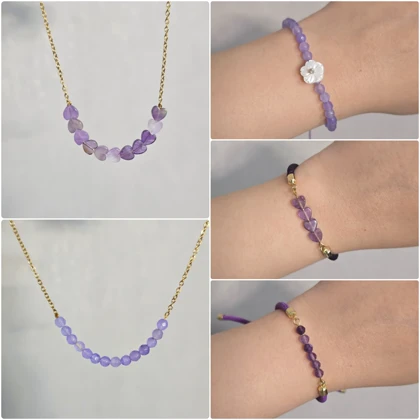 دستبند و گردنبند سنگ آمیتیست قلبی و تراش کریستالی