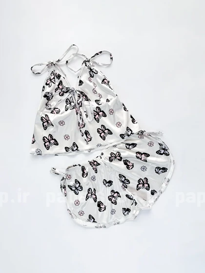 ست لباس خواب تاپ و شورتک ساتن بند دار