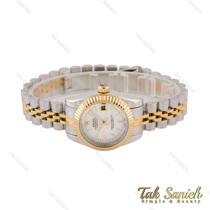 ساعت رولکس زنانه مدیوم دورنگ طلایی صفحه سفید صدف خطی Rolex-5209-L