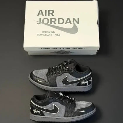 کتانی ویتنامی نایک ایر جردن وان لو استوسی کاستوم مشکی طوسیNike Air Jordan 1 Low Stussy Custom blackGrey