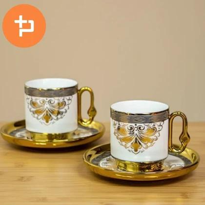 ست قهوه خوری شش نفره طرحدار دسته طلایی