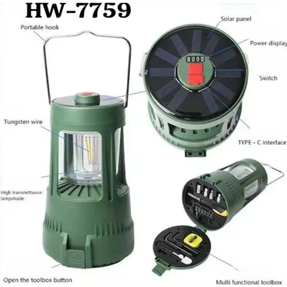 چراغ کمپینگ شارژی خورشیدی مدل HW-7759W با جعبه ابزار داخلی