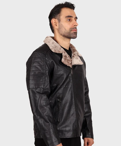 کت چرم مردانه مشکی یقه انگلیسی خزدار 2266