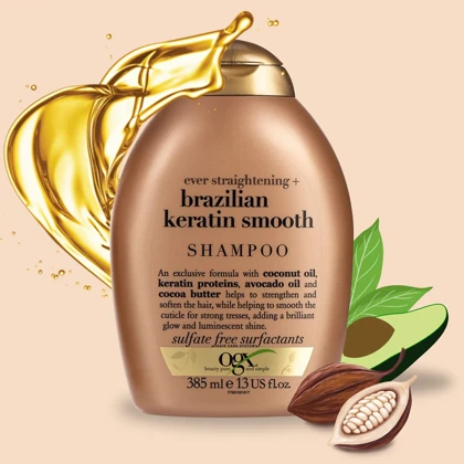 شامپو کنترل وز و بهبود حالت پذیری مو او جی ایکس, مدل Brazilian Keratin Smooth مناسب انواع مو، به‌ویژه وز و خشک حجم 385ml