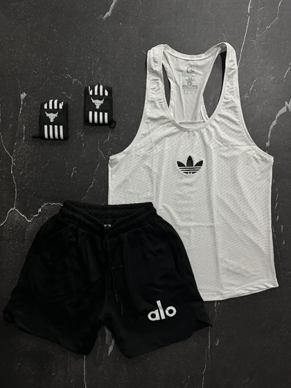 پکیج کد S1119 شامل رکابی + شلوارک + مچبند با تم سفید مشکی