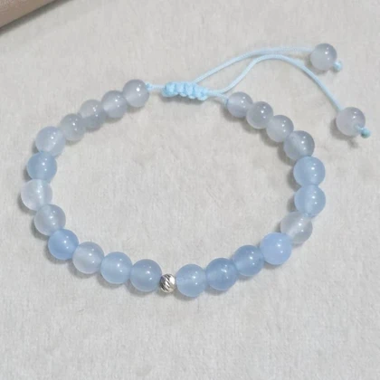 دستبند تمام سنگ عقیق آبی اصل و گوی نقره 925