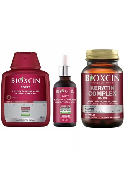پک مراقبت از مو ضد ریزش بیوکسین (Bioxcin) مدل Forte شامل شامپو، سرم و مکمل Keratin Complex