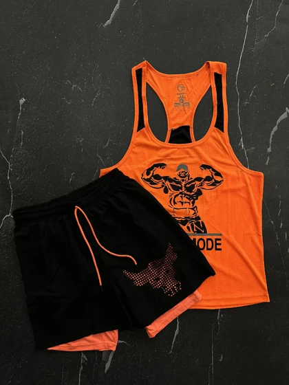 پکیج کد E547 شامل رکابی + شلوارک کشاله دار راک با تم نارنجی 🧡