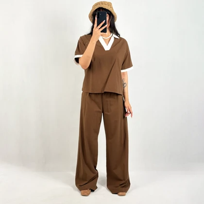 ست پولوشرت شلوار لینن زنانه 2074