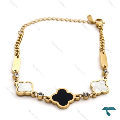 دستبند ون کلیف زنانه طلایی سه گل نگینی VanCleef-8337-L