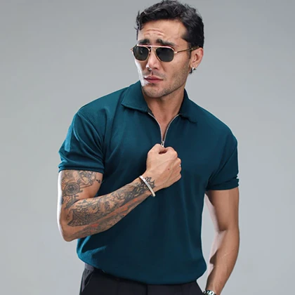 تیشرت مردانه یقه زیپ‌دار سبز مدل Arban