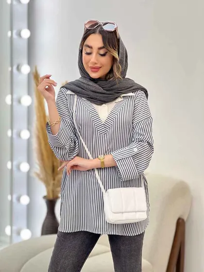 شومیز راه راه ترکیبی جلو بسته