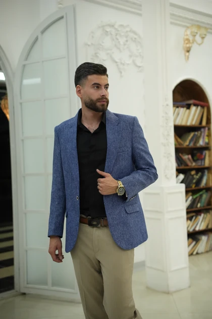 کت تک مردانه مدل کتان آبی جیب پاکتی