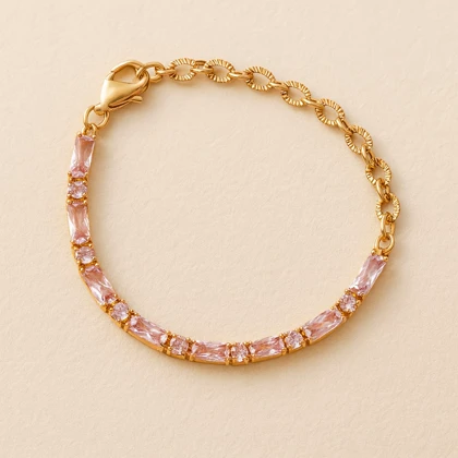 دستبند طلایی ژوپینگ زنانه با نگین صورتی کریستالی