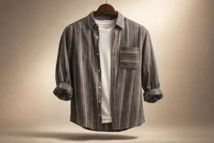 پیراهن مردانه راه راه بافت‌دار خاکستری تیره با رگه‌های بژ و کرم_اورجینال دیلم