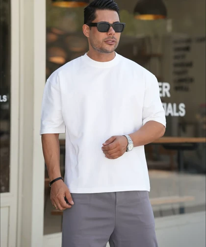 تیشرت لش بیسیک سفید مردانه پارچه ماکان پنبه گرم بالا