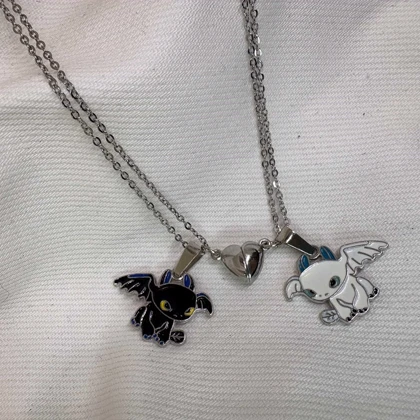 ست گردنبند دو نفره مدل «اژدها و قلب مگنتی» | پلاک مکمل با زنجیر دیپلمات استیل