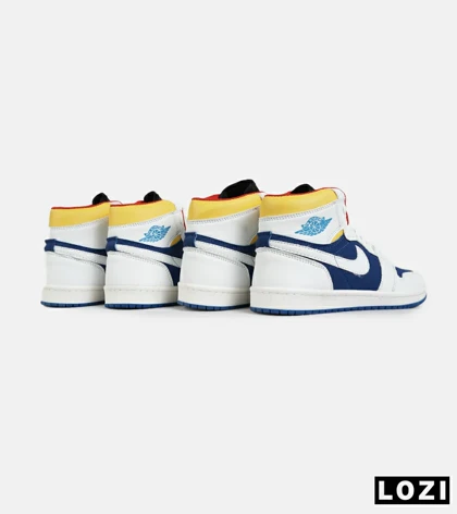 کفش کتانی مردانه و زنانه ساق‌دار سفید آبی زرد NIKE jordan 1