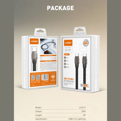 کابل تایپ سی به لایتنینگ الدنیو LDNIO مدل LC211i توان 30 وات 1 متر