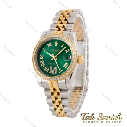 ساعت رولکس زنانه دیت جاست صفحه سبز اعداد یونانی نگین‌دار Rolex-4448-L