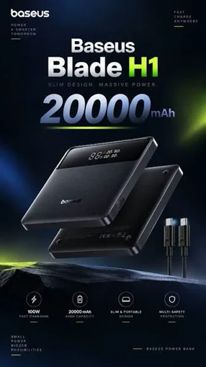 پاوربانک لپ‌تاپی باسئوس Blade Power HD Edition ظرفیت 20000 میلی‌آمپر ساعت با توان 100 وات