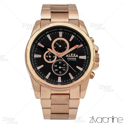 ساعت الکسا پریمیر A0064 مردانه سه موتوره رزگلد صفحه مشکی 106226
