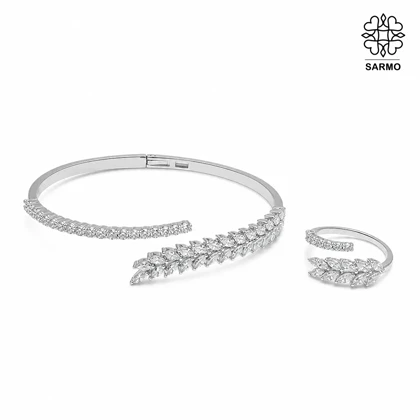 ست بنگل و انگشتر نگین‌دار گندم نقره ای HGH کد 312050184