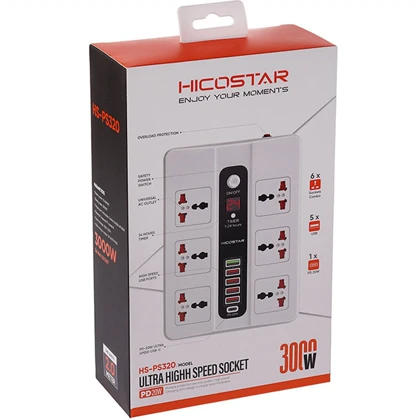 چندراهی برق شش سوکت 3000 وات، یک تایپ سی و پنج USB هایکو استار Hicostar HS-PS320