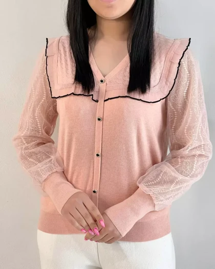 پلیور بافت استین کار شده نما دکمه کد 5502