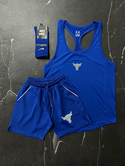 پکیج کد S477 شامل رکابی + شلوارک + جوراب با تم آبی