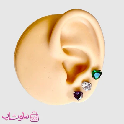 پیرسینگ گوش پایه نقره ای مدل قلب نگین رنگی کد 599