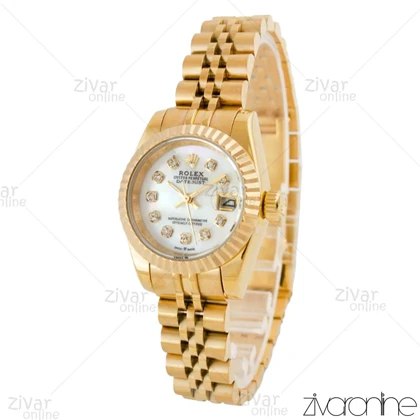ساعت رولکس دیت جاست زنانه طلایی سفید ایندکس نگین‌دار اسمال 104536
