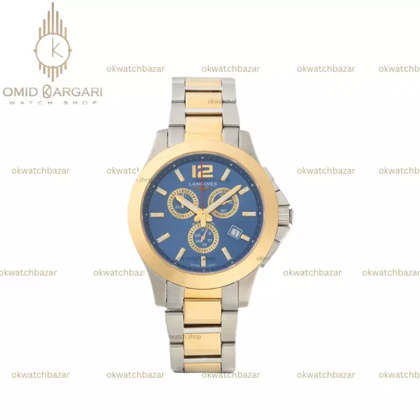ساعت مچی لونژین کورنوگراف صفحه سرمه ای بند سیلور طلایی Longines