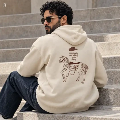 هودی مردانه اورسایز باکسی طرح گلدوزی اسب Modern Fashion کرم پرسیسکا