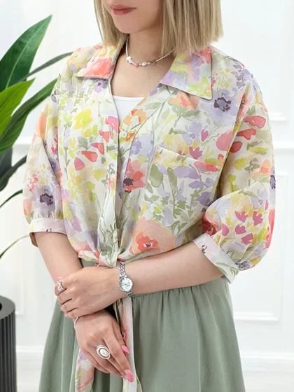 شومیز گره‌ای طرحدار آبرنگی زنانه