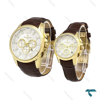 ساعت مچی رومانسون ست طلایی بند چرم قهوه ای Romanson-5940-S