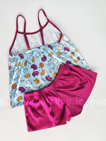 ست لباس خواب تاپ و شورتک ساتن طرح گربه رنگارنگ